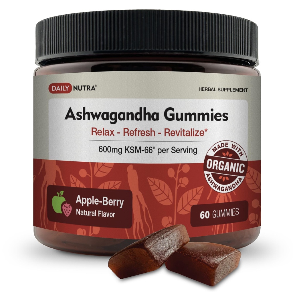 KSM-66 Ashwagandha Gummies - 600mg 유기농 뿌리 추출물 - 맛있는 천연 사과 - 베리 맛 | Relaxation, Focus, & Energy (60 Gummies) 지원