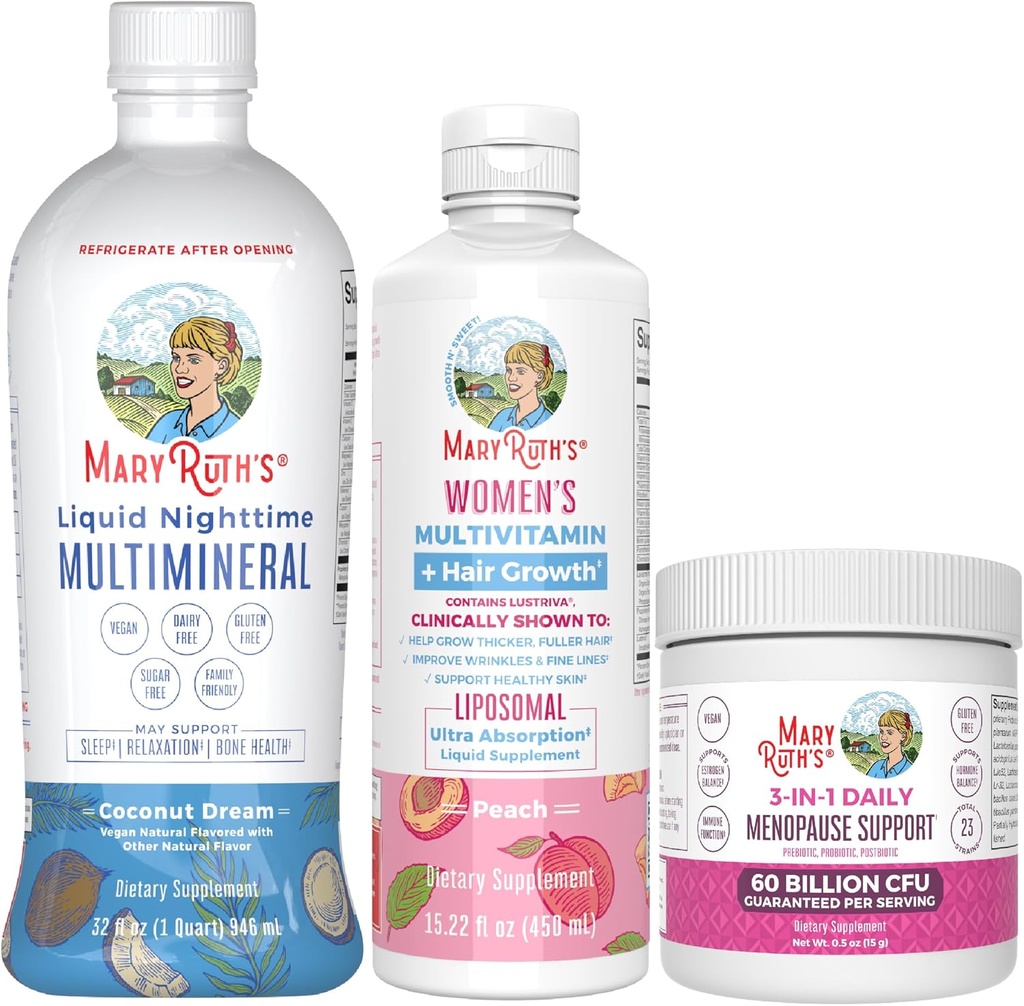 MaryRuth Organics Women's MultivitaminLustriva Hair growth, Menopause Support, & Daily Liquid Multimineral, 3-Pack 번들 모발 지원, 피부 건강, 면역 지원, Gut Health 및 수면 지원