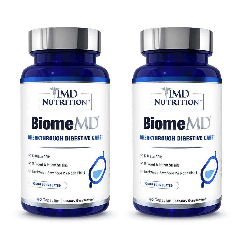 1MD 영양 BiomeMD Probiotics | 62억 CFUs, 15개 종합 Strains - Pro & Prebiotics | 소화 건강 및 면역 지원에 대한 의사 공식화 | 60개 캡슐