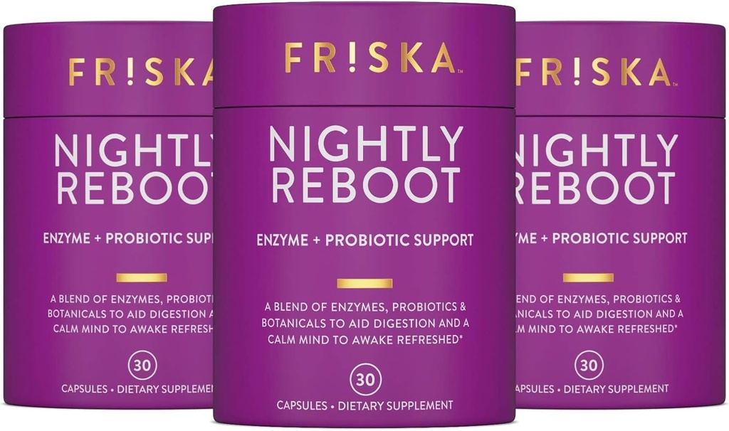 FRISKA Nightly Reboot Enzyme 및 Probiotics 보충, 더 나은 소화 및 수면 촉진, 남성과 여성, Melatonin, Chamomile, 90 캡슐에 대한 Gut 건강 지원