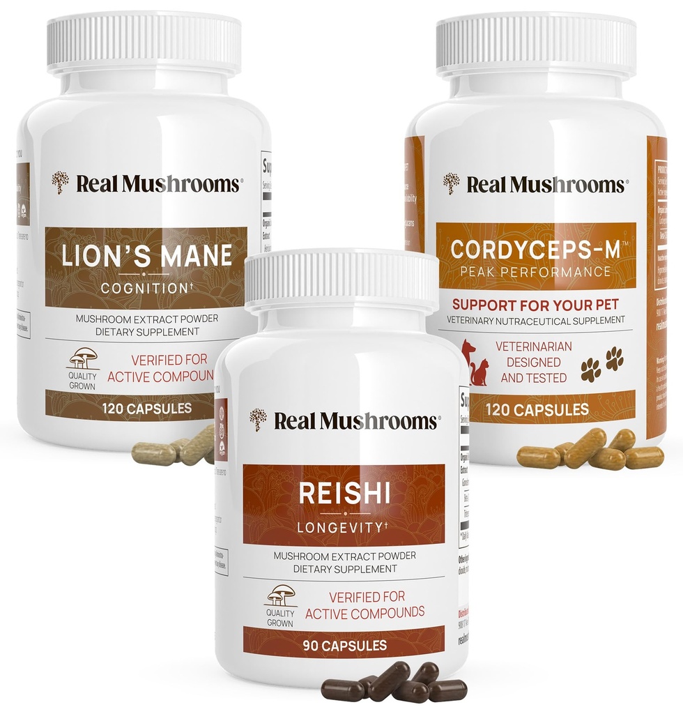 Real Mushrooms Brain, Vitality & Immune 지원 번들 - 라이온의 Mane Cognition 캡슐 (120 캡슐) + Reishi 415 Longevity 캡슐 (90 캡슐) & Cordyceps-M 피크 성능 (120 캡슐)