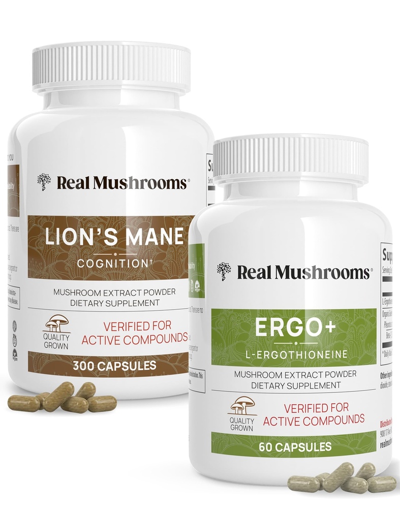 Real Mushrooms Ergothioneine (60ct) 및 Lions Mane (300ct)는 Shiitake와 Oyster Mushroom 추출물을 묶습니다 - Longevity 및 Cognition - Vegan, Gluten Free, Non-GMO - 건강한 시효를위한 자연 지원