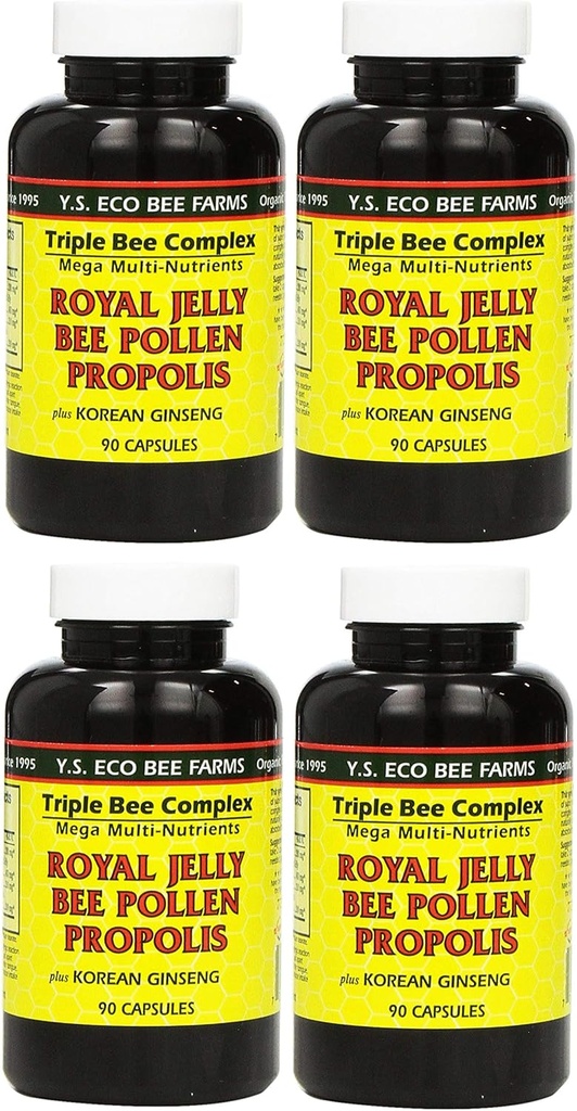 Y.S. Eco Bee Farms, (4 팩) Royal Jelly, Bee Pollen, Propolis, Plus Korean Ginseng, 90 캡슐