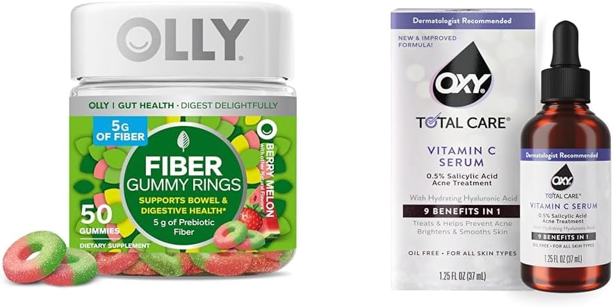 OLLY 섬유 거미 반지 50ct + 옥시 총 배려 소화를 위한 비타민 C 혈청, 더 명확한 피부