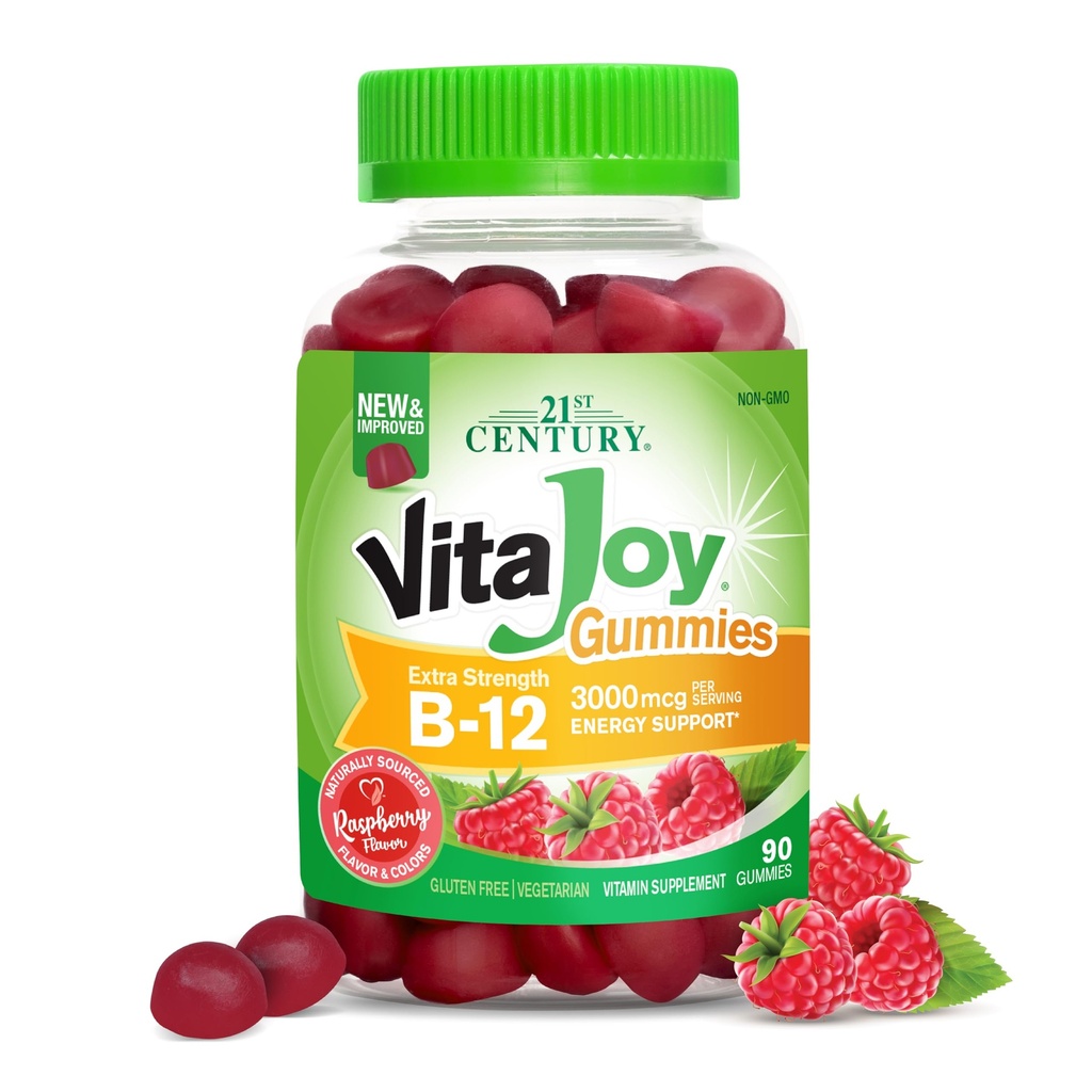 21세기 VitaJoy 여분 힘 B-12 3000 mcg Gummies, 나무 딸기, 90 조사