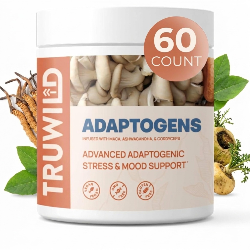 Cordyceps Maca Ashwagandha와 함께 TruWild Adaptogen 혼합 - 매일 지원 및 기능을위한 전체 스펙트럼 버섯 혼합, 7 키 성분이있는 모든 천연 공식, 60 캡슐