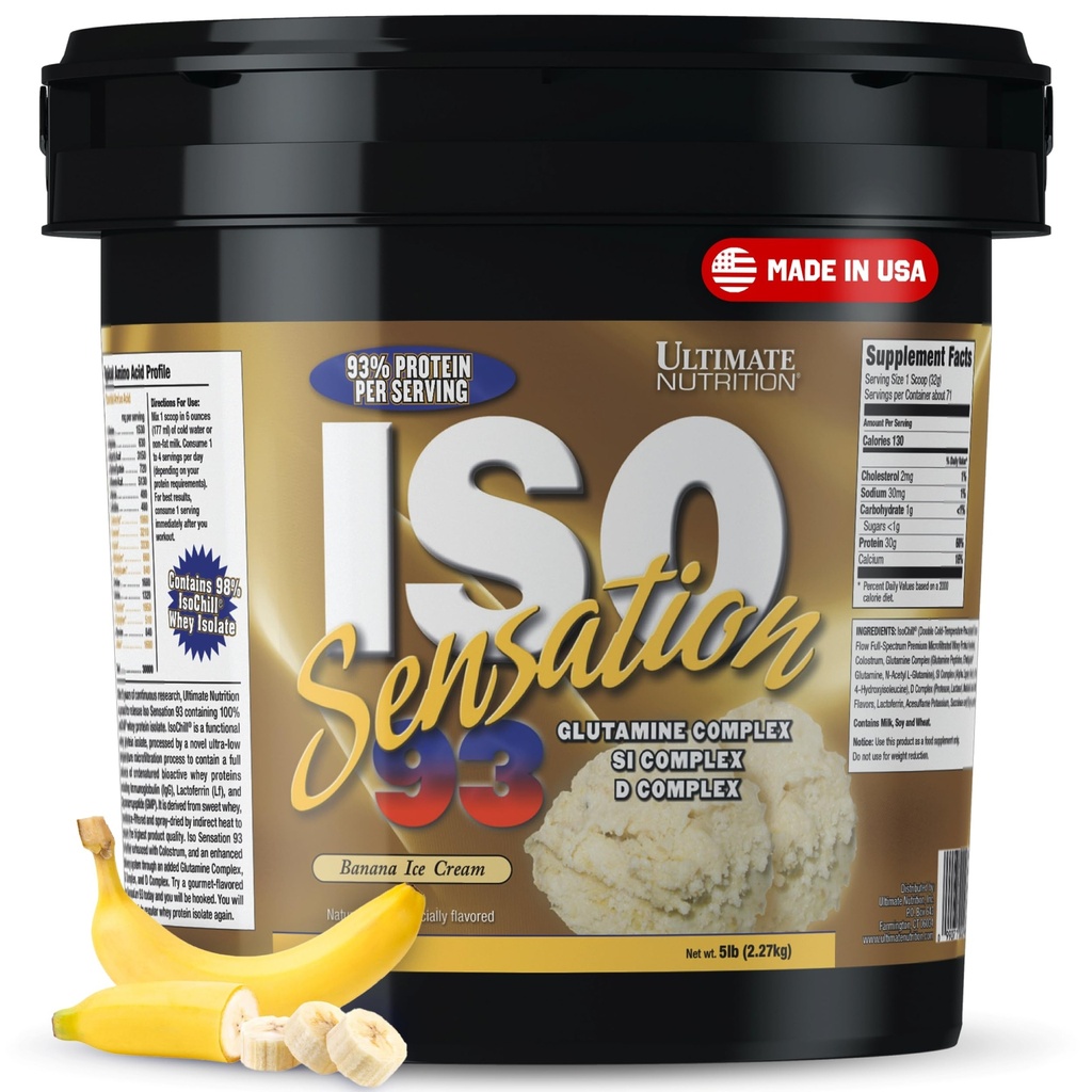 Glutamine Complex, ISO Sensation 93를 가진 궁극적인 영양 Whey Protein Isolate 분말 - 향상된 회복, 면역력 및 Gut 건강 - 바나나, 5lbs를 위한 추가 Colostrum를 가진 Whey Protein Powder