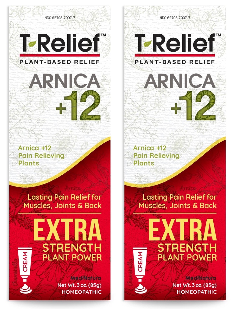 MediNatura T-Relief Extra Strength Cream Arnica +12 Natural Relieving Active for Back Pain Joint Soreness Muscle Aches & Stiffness, Women & Men을위한 전체 바디 빠른 행동 구호 - 3 oz (2 팩)