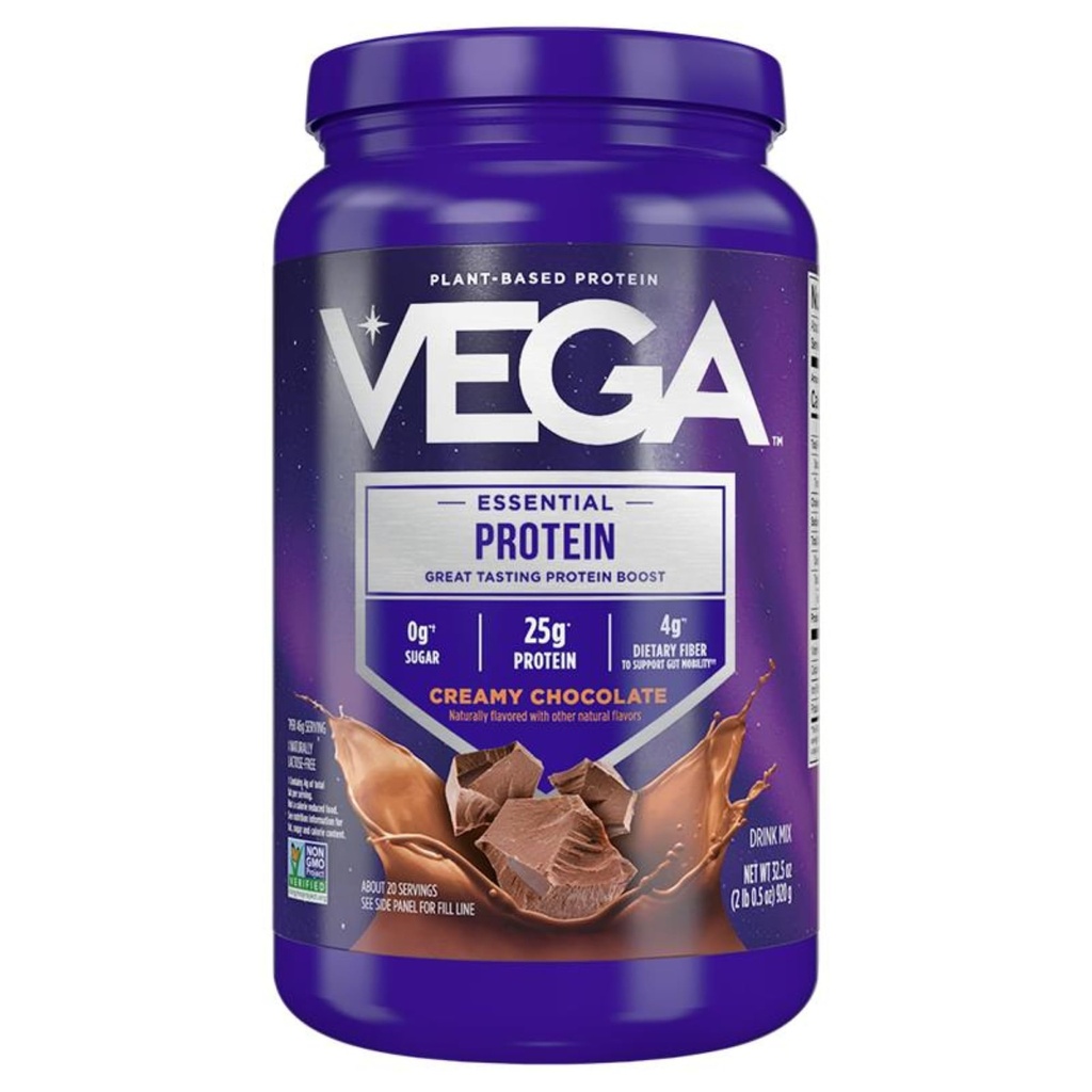 Vega Original Essential Protein - 25g Plant 기반 단백질, 크림 초콜릿, 20 서빙, Vegan Non-GMO 음료 혼합, 스무디 & Shake 준비, 글루텐 무료, 낙농 무료, 32.5oz (포장 월병)