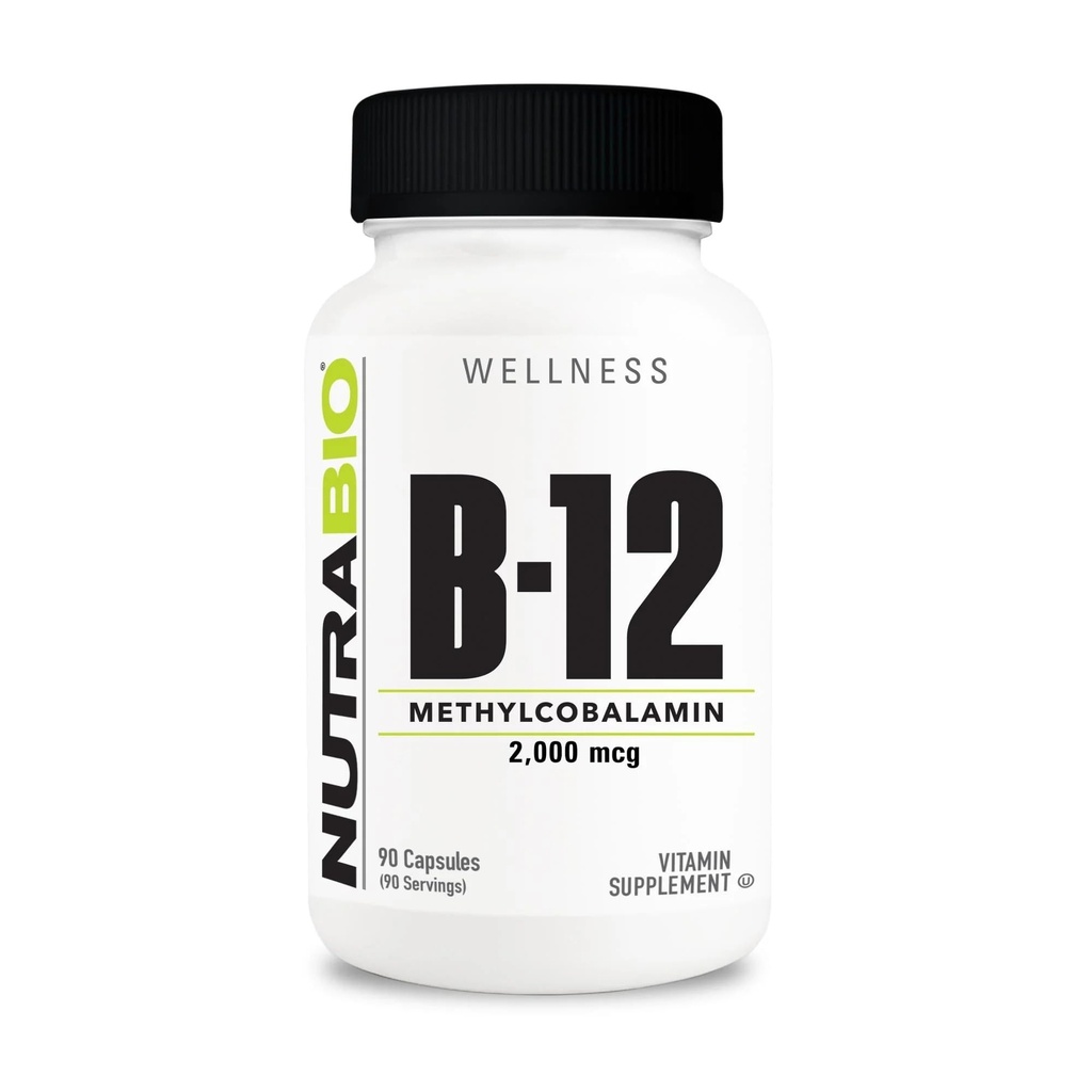 NutraBio 메틸 B-12 비타민 보충교재, 2000mcg – 세포질 건강 및 웰빙, 90 식물성 캡슐을 승진시킵니다