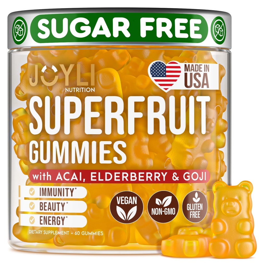 Joyli Superfruit Gummies - 성인을위한 Sugar-Free Fruit Multivitamin Gummies - Goji, Elderberry, 비타민 A, C, D 및 E가있는 여성 및 남성을위한 천연 거미 비타민 - 소화 및 에너지