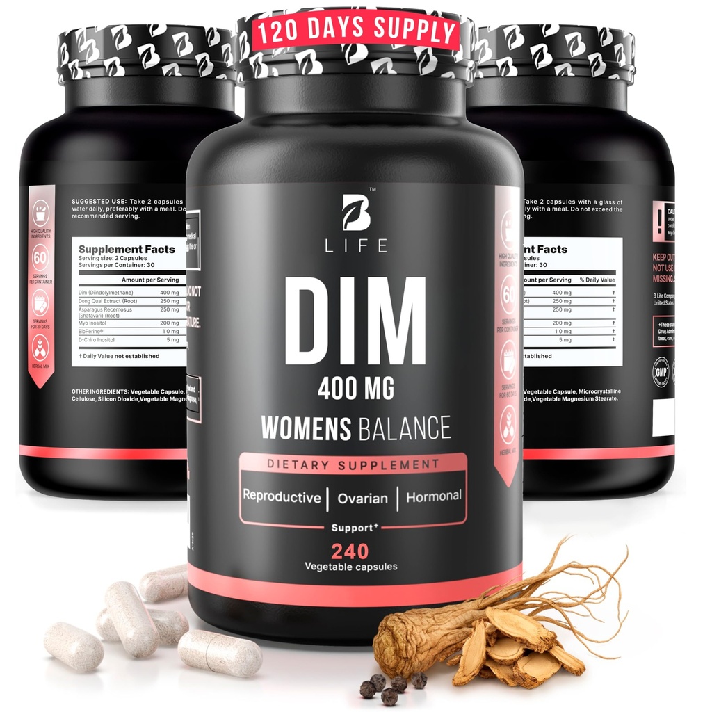 DIM 보충 400 mg Myo & D-Chiro Inositol, Dong Quai - PCOS 보충제 - 여성 호르몬 균형 - 불임 보충 교재 - Inositol 보충 - 240 모자