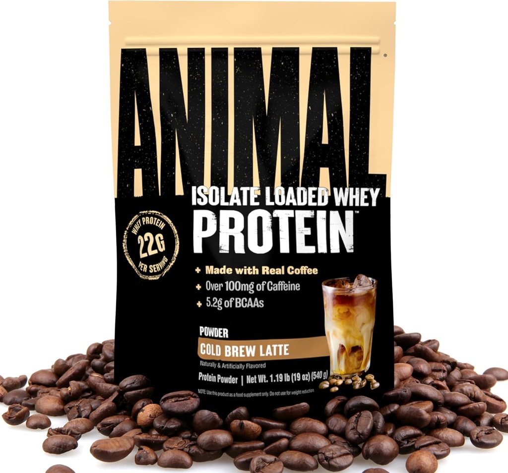 동물성 Whey Protein Coffee Powder, 단백질 22g, Caffeine 100mg 및 Pre & Post Workout Muscle Builder Recovery for Men & Women, Cold Brew Latte, 1 lb