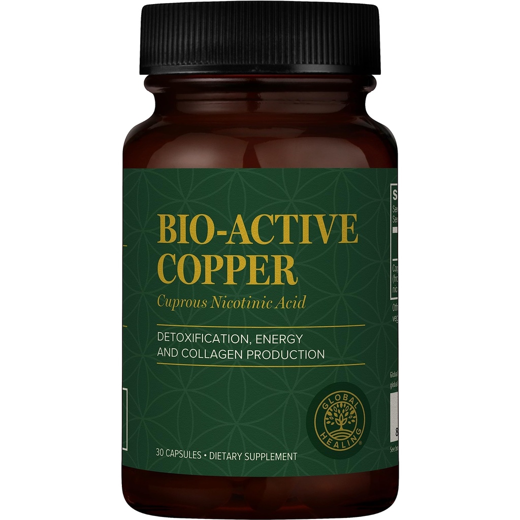 Global Healing Bio-Active Copper Supplement Cu1 - Cuprous Nicotinic Acid 도움말 Detox Body from within - Immune System & Red Blood Cell 지원 - Niacin 비타민 B3 킬레이트 구리 - 30 캡슐