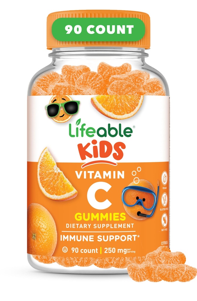 Lifeable Kids Vitamin C Gummies | 250mg | 훌륭한 Tasting VIT C | Vegan GMO-Free Vitamin C Chewable | 면역 지원 | 90 구미