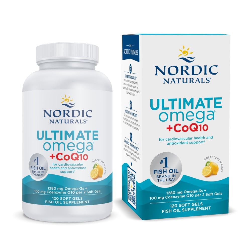 Nordic Naturals Ultimate Omega + CoQ10, Lemon - 120 소프트 젤 - 1280 mg Omega-3 + 100 mg CoQ10 - 심장 건강, 세포 에너지, 산화 방지제 지원 - Non-GMO - 60 서빙