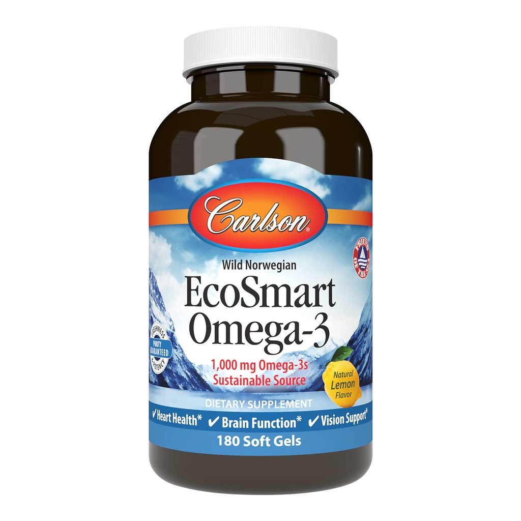 Carlson - EcoSmart Omega-3, 1000 mg Omega-3s의 지속 가능한 근원, 심장 건강, 뇌 기능 & 시각 지원, 레몬, 180 Softgels