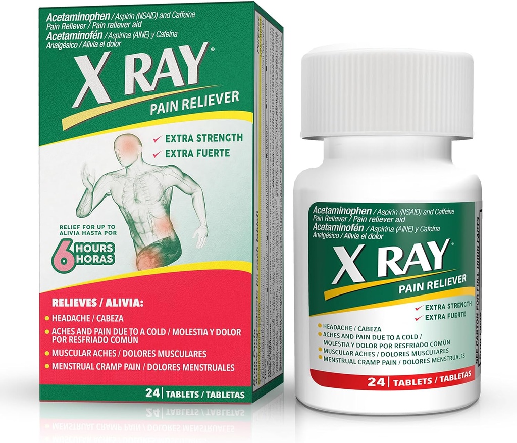 X RAY 여분 힘 고통 Reliever: Acetaminophen 500 mg, 아스피린, 카페인 - 24의 정제 각, Migraine, 두통 및 뒤 고통 구호를 위한 강력한 공식은, 염증을 감소시킵니다