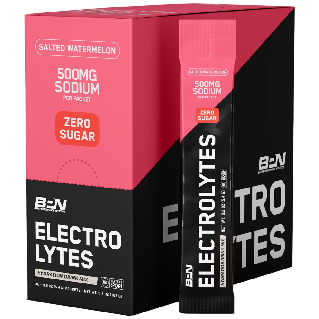 BARE PERFORMANCE NUTRITION BPN Electrolytes Go Pack Hydration Drink Mix | 슈가프리 일렉트로테 파우더 | 500mg의 나트륨 서빙 | Naturally Sweetened | Salted Watermelon, 30 인분