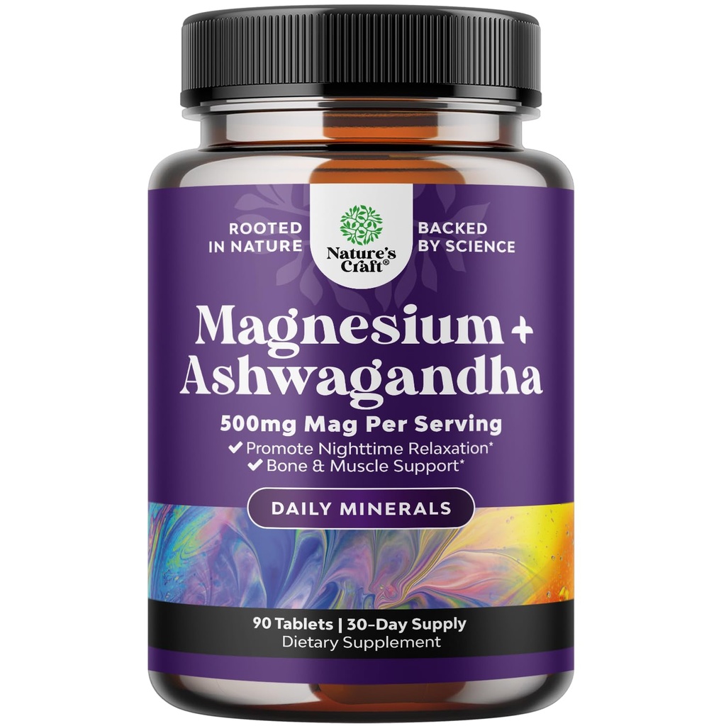 Pure Calm Relaxing Magnesium Glycinate는 Ashwagandha와 보충을 - 성인을 위한 긴장 지원을 위한 마그네슘 - 뼈 지원 & 근육 크림을 위한 높은 흡수 정제 - 90 조사