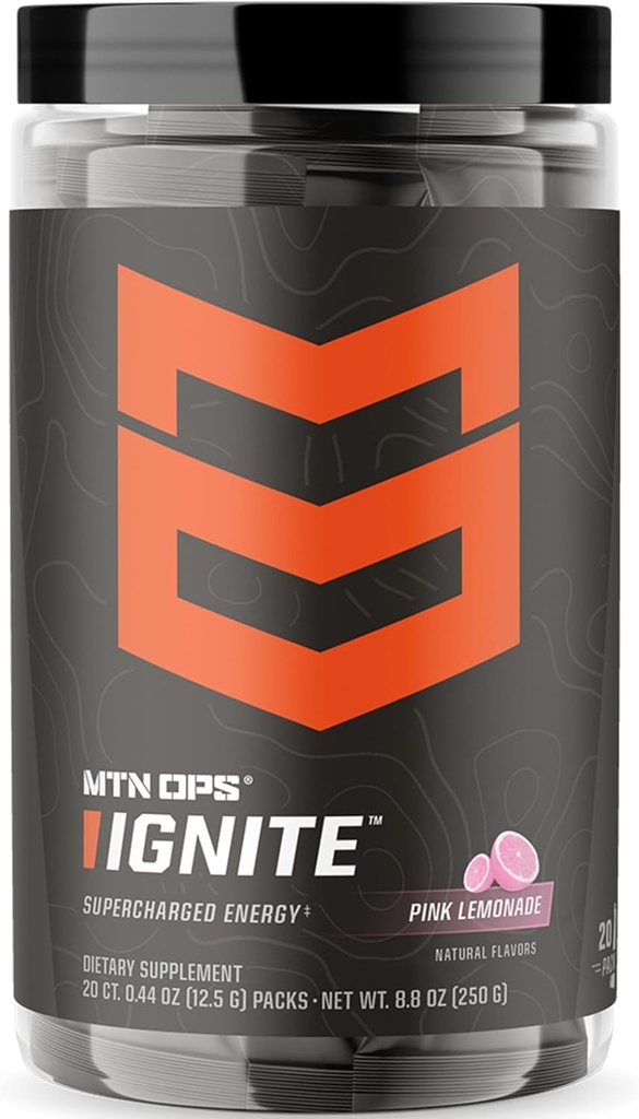 MTN OPS Ignite 트레일 팩 에너지 음료 분말, 글루텐 자유로운 Nootropic 보충교재 음료 혼합, L 아르기닌, L Citrulline, 카페인 & Nootropic 설탕 자유로운 음료 혼합, 20의 서빙, 분홍색 레몬