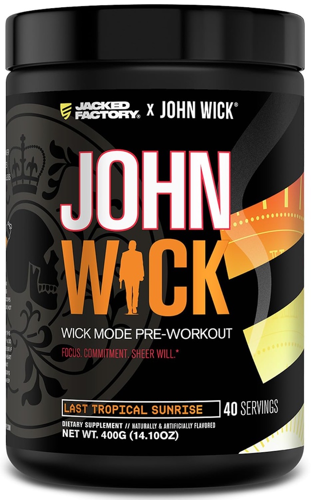 Jacked Factory X John Wick - Wick Mode Pre Workout Powder - Intense Energy, Battle-Ready Focus, Unstoppable Commitment 및 Sheer Will - 40 서빙, Last Tropical Sunrise