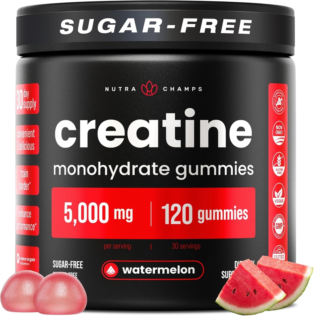 NutraChamps 120 Creatine Gummies for Men & Women - 5g Sugar Free Chewable Creatine Monohydrate Gummies - 단백질 합성, 근육 회복 및 운동 성능 지원