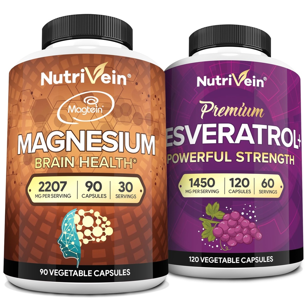 Nutrivein Premium Magnesium L-Threonate & Resveratrol 보충교재 번들: 수리, 방어, & 활력을 위한 높은 흡수 마그네슘 위협 및 Resveratrol 캡슐