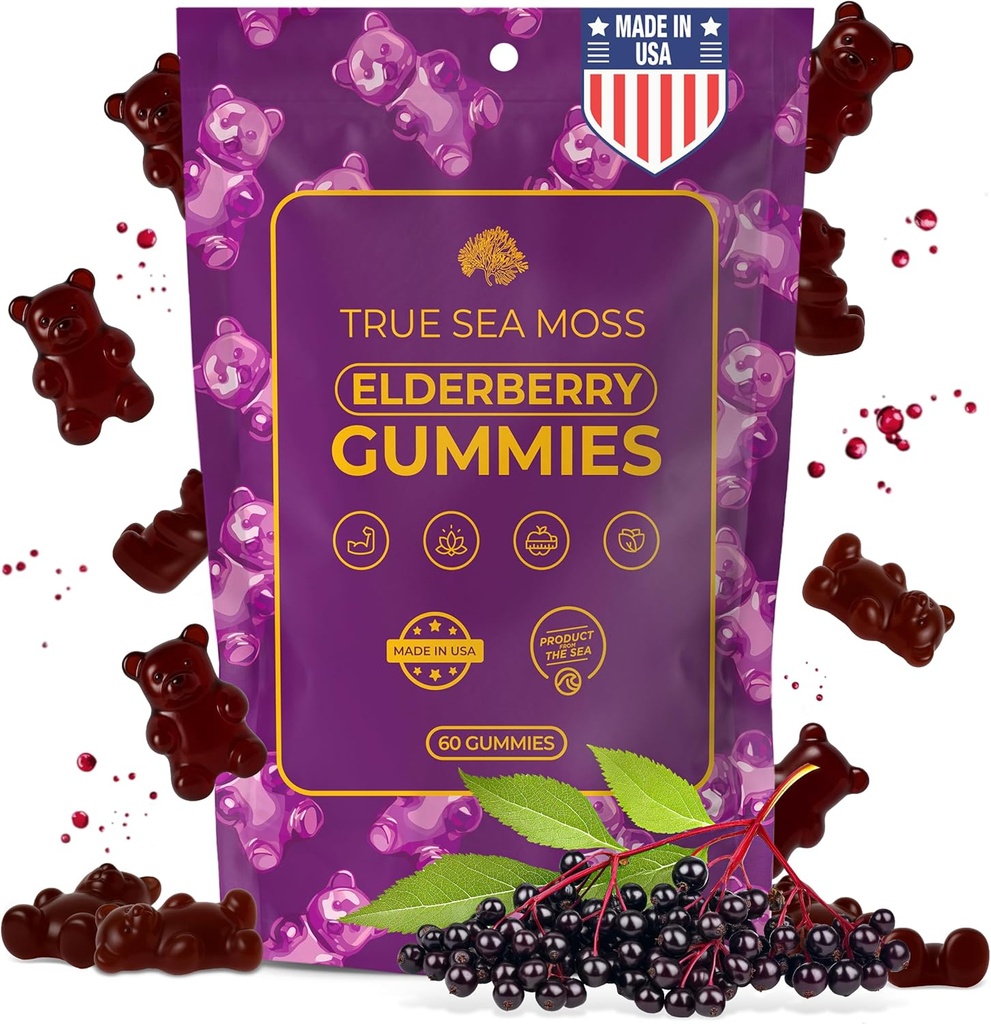 TrueSeaMoss Sea Moss Elderberry Gummies for Adults & Kids – Burdock Root, Bladderwrack & Magnesium – Vegan, Non-GMO Formula – 미국에서 만든 – 60 Gummies