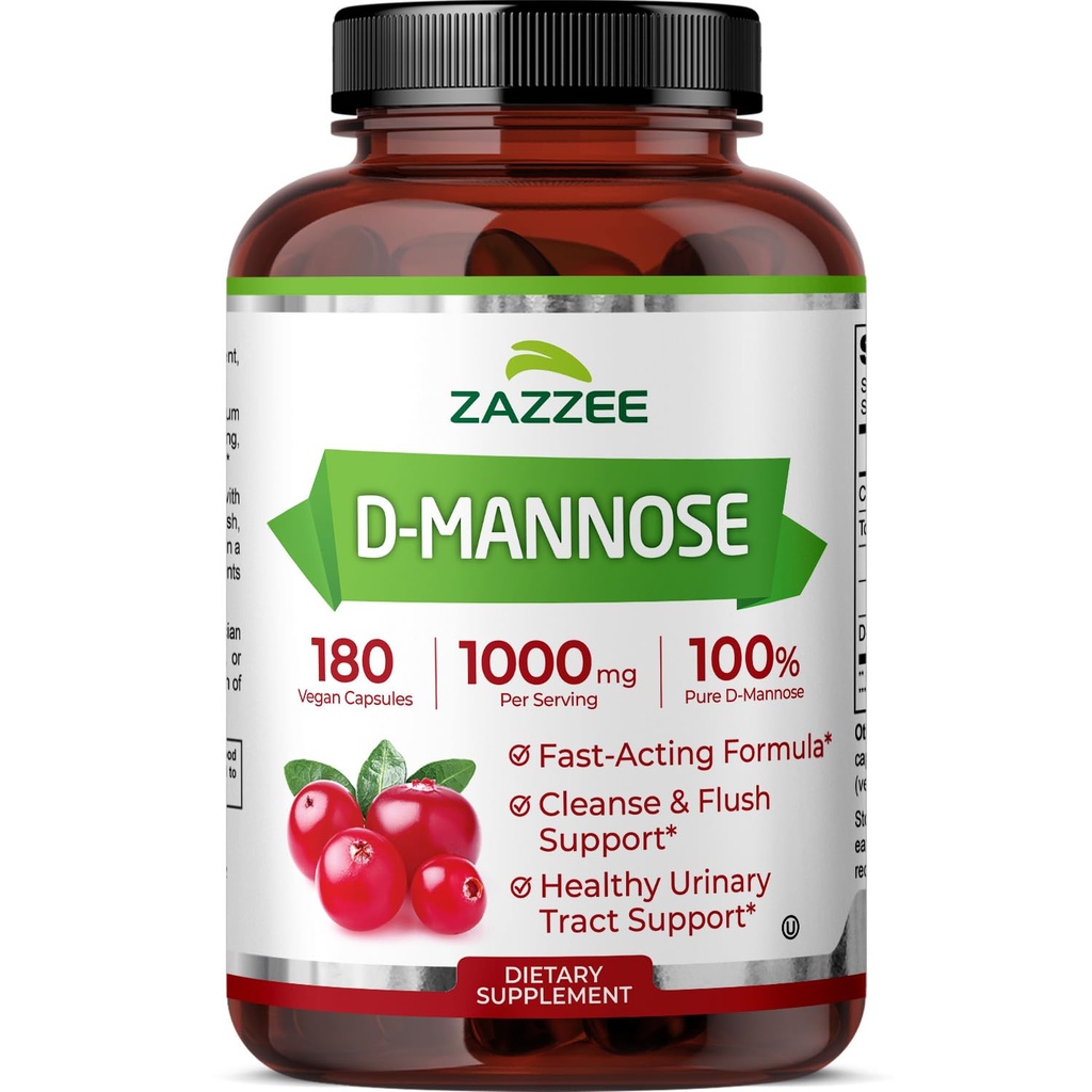 Zazzee D-Mannose, 서빙 당 1000 mg, 180 Vegan 캡슐, 3 달 공급, 유력하고 & 빠르 행동, 증명된 Kosher, 100% 순수한, 모든 자연 Urinary Tract 건강 지원, 100% 채식주의자, 비 GMO