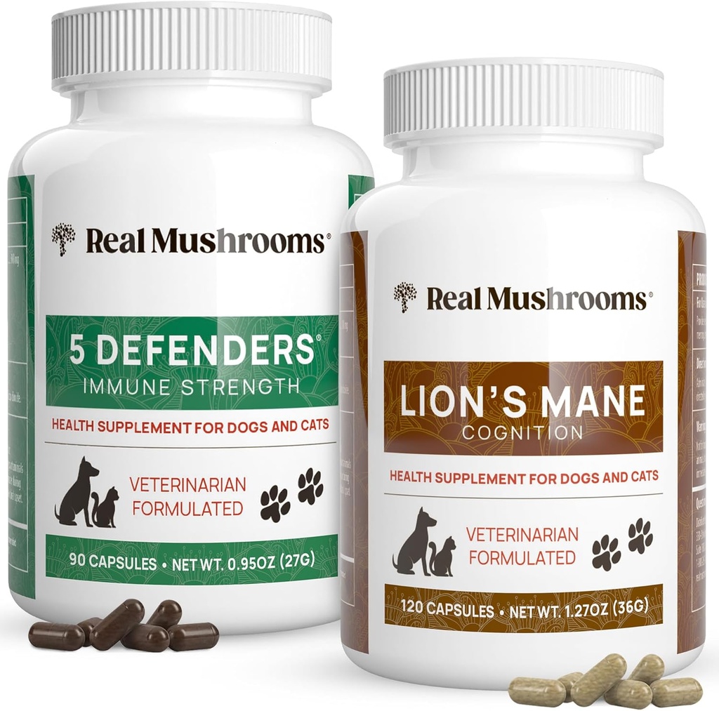 Real Mushrooms 5 애완 동물에 대 한 수비수 (90ct) 그리고 사자 Mane 애완 동물에 대 한 (120ct) - 면역력에 대 한 번 & Cognition - Vegan, Non-GMO, Gluten-Free, 곡물 무료 버섯 애완 동물 보충제