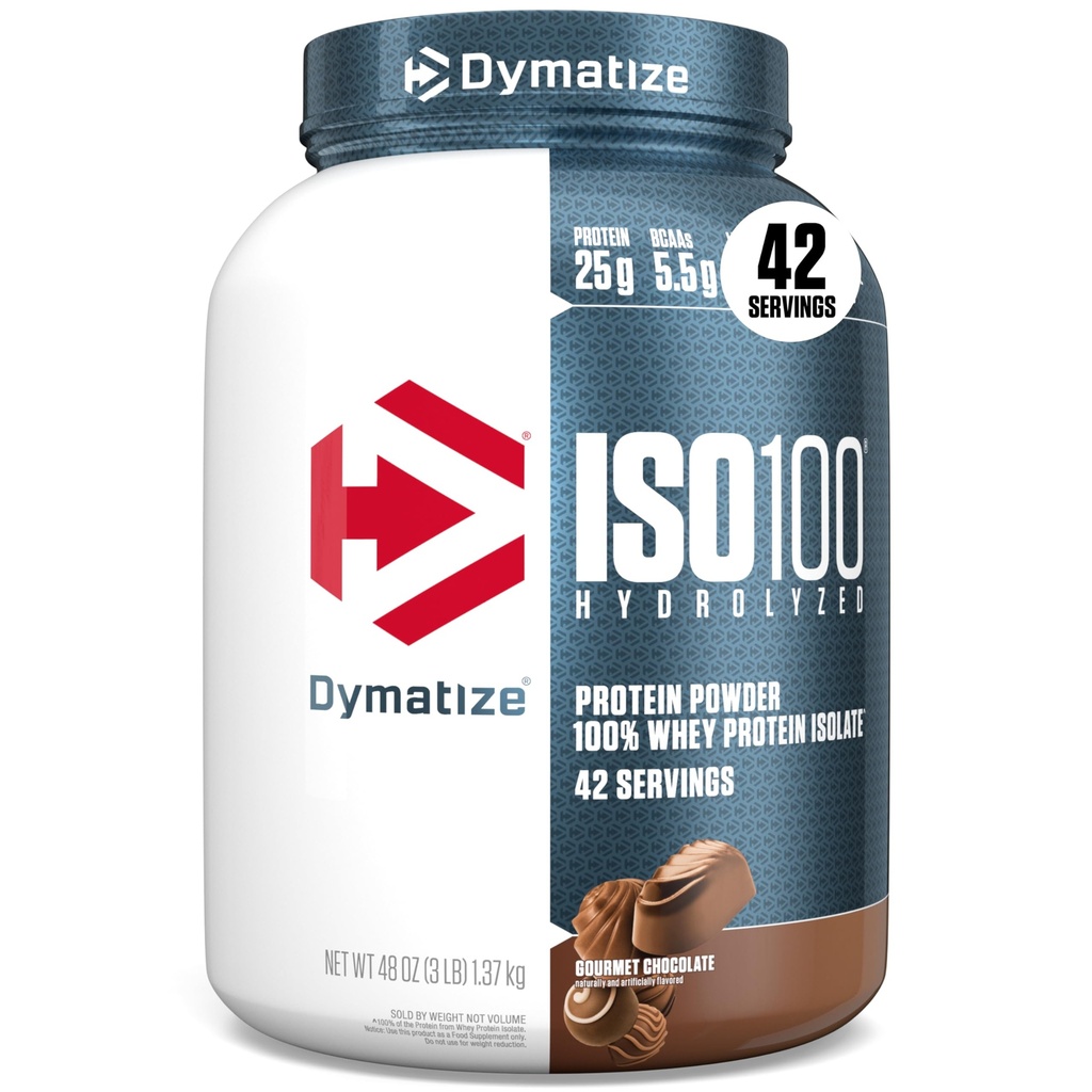 Dymatize ISO100 Hydrolyzed Protein Powder, 100 % Whey Isolate Protein, 25g of Protein, 5.5g BCAAs, 글루텐 무료, 빠른 흡수, 쉬운 소화, 미식가 초콜릿, 3 파운드 (42 서빙)