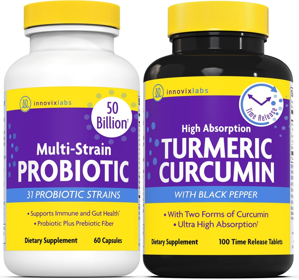 InnovixLabs Multi Probiotic & Curcumin Bundle 멀티 스트레인 프로바이오틱스 (60 Time-Release Capsules) Turmeric Curcumin (100 Time-Release Tablet). Gut 및 면역 건강 지원. *