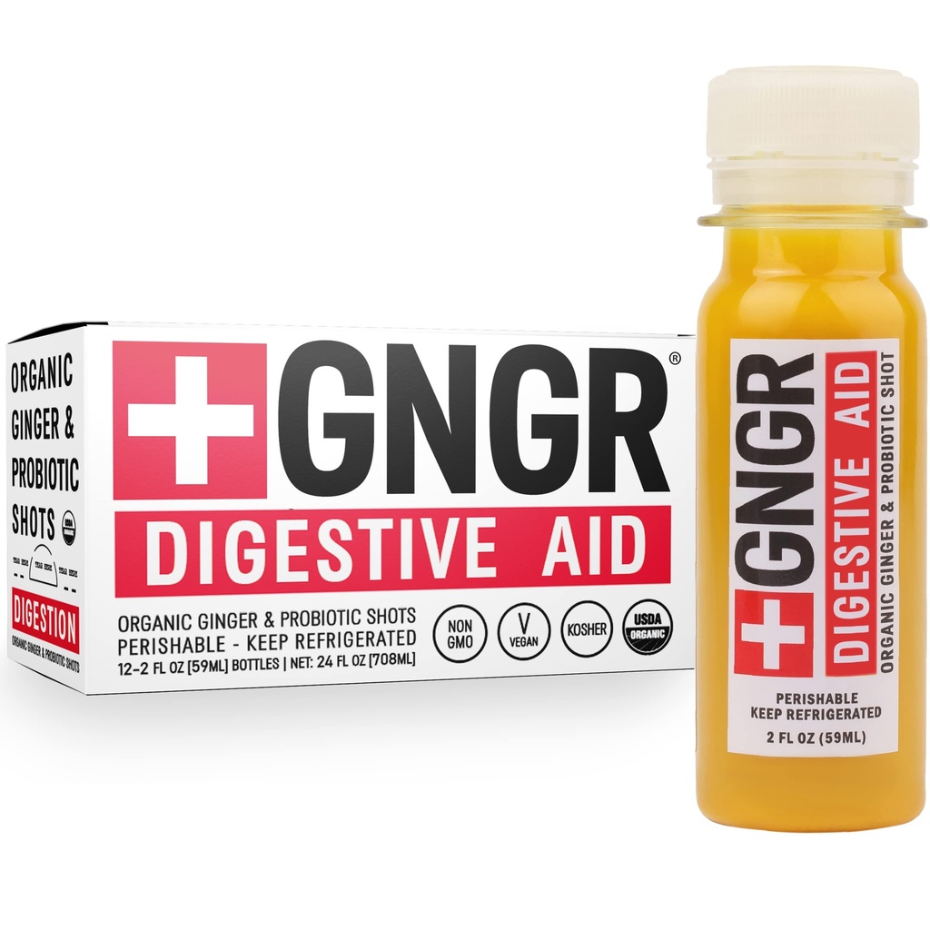 +GNGR 소화 보조 유기 생강 탄 Probiotics, Gut Health, Colon Cleanse, Bloating Relief, Gut Detox, Ginger Juice, Turmeric, Black Pepper와 면역 샷. (2 Oz, 12 팩)