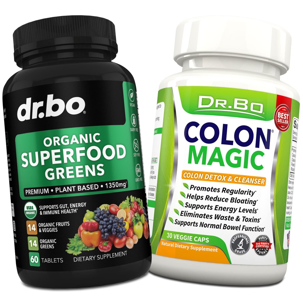 유기 Superfood Greens & Fruit Supplements - Intestinal Bloating을위한 Colon Cleanse Detox 공식 - 녹색 Veggie 분말 혼합 야채 식품 및 변비 완화 보충교재 Gut, Belly, Stomach
