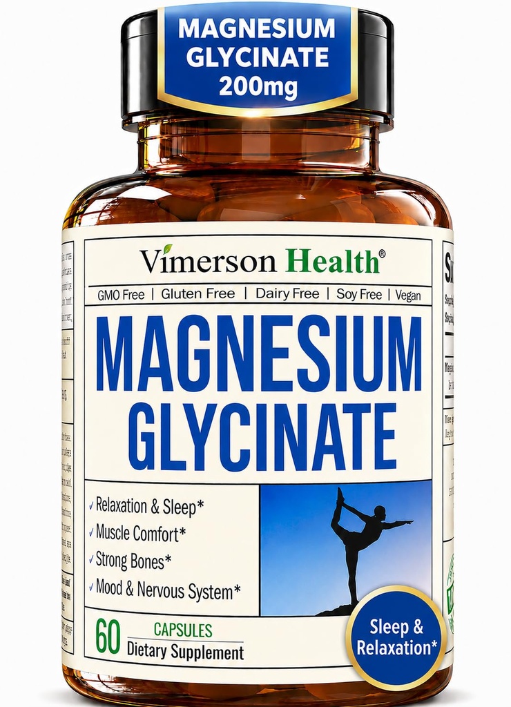 순수한 마그네슘 글리세라이드 200mg (Glicinato de Magnesio) - 수면, 휴식, 근육 및 여성의 웰빙을위한 킬레이트 마그네슘 보충 - 시트레이트 또는 산화물보다 더 나은 흡수 - 60 Vegan 캡슐