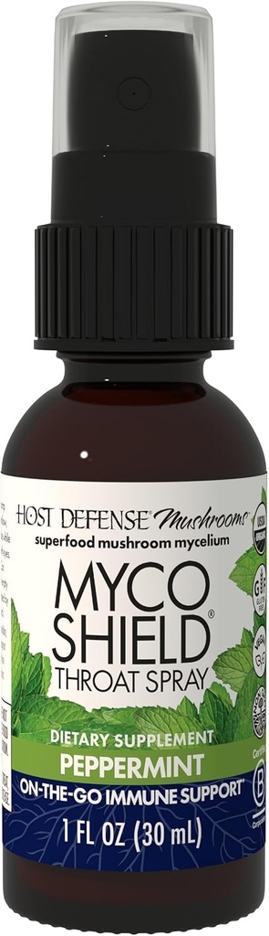 Host Defense MycoShield Throat Spray - 면역 건강 지원 - Chaga, Reishi, Turkey Tail & More - On-The-Go Immune Support - Peppermint, 1 fl oz (71 서빙) *가있는 규정 식 버섯 보충
