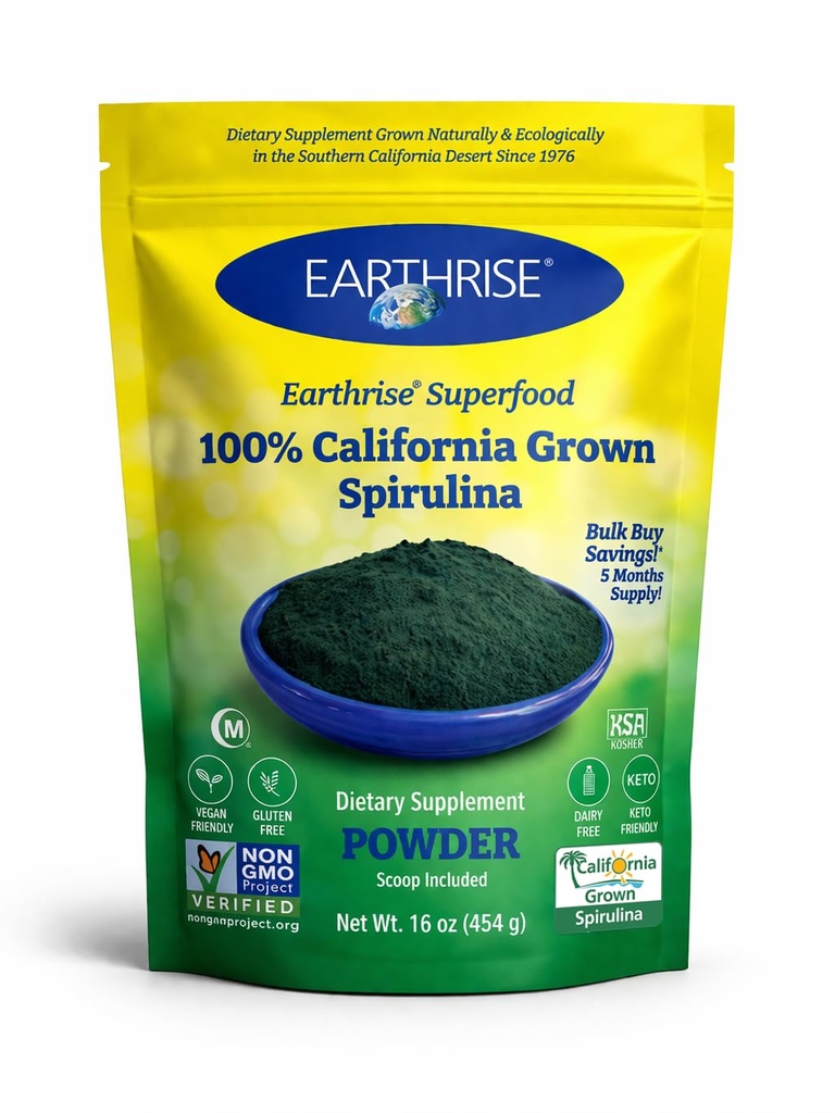 지진 Spirulina 자연적인 분말 16oz, 캘리포니아 Vegan에서 자연적인 프리미엄 Spirulina, 글루텐 자유로운, 비타민 & 무기물에서 높은 Keto 친절한, 비 GMO 최고 음식. (1 파운드)