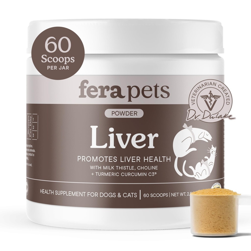 Fera Pets Liver Supplement for Dogs & Cats with Milk Thistle, Choline & Turmeric - 유기 식물 - 강화 Liver 기능, 면역, 해독 및 대사 기능 - 분말 - 60 Scoops