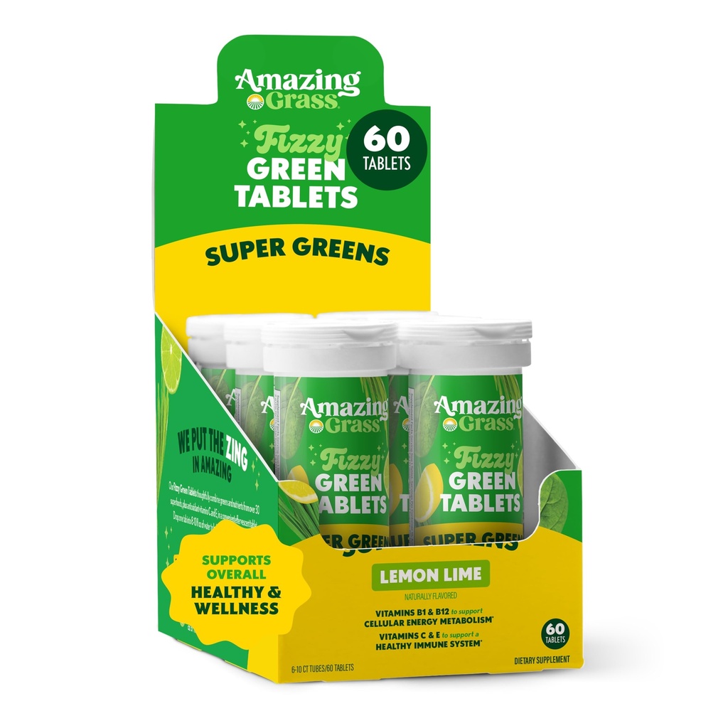 놀랄만한 잔디 Effervescent 정제: 산화 방지제 & Alkalizing 녹색, 레몬 Lime, 60 조사를 가진 녹색 Superfood 물 맛 정제