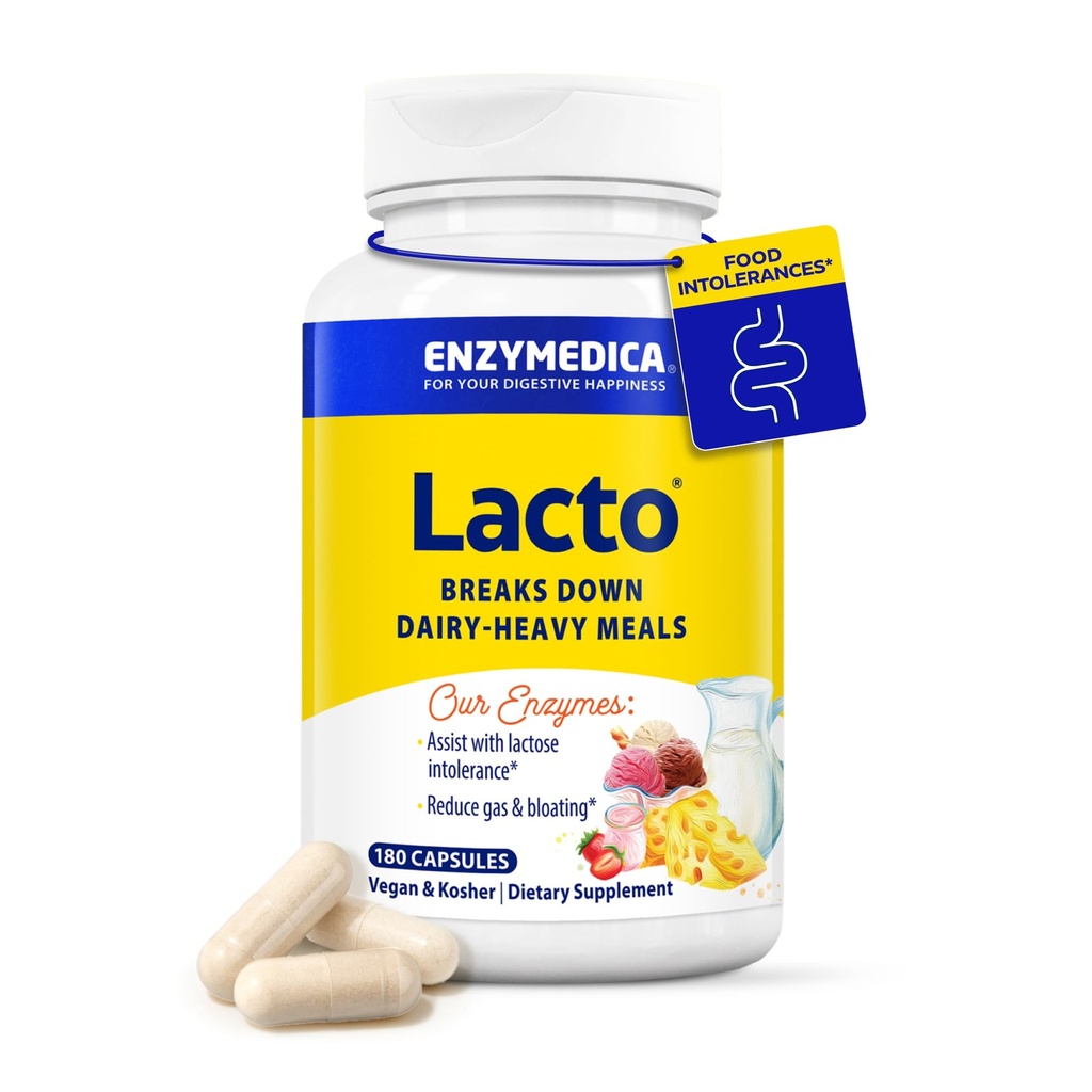 Enzymedica Lacto, Dairy Support를위한 고급 락테아 알약, 도움말은 Lactose, Casein & Fat, Dairy Relief Pills, Vegan, 180 캡슐을 깰