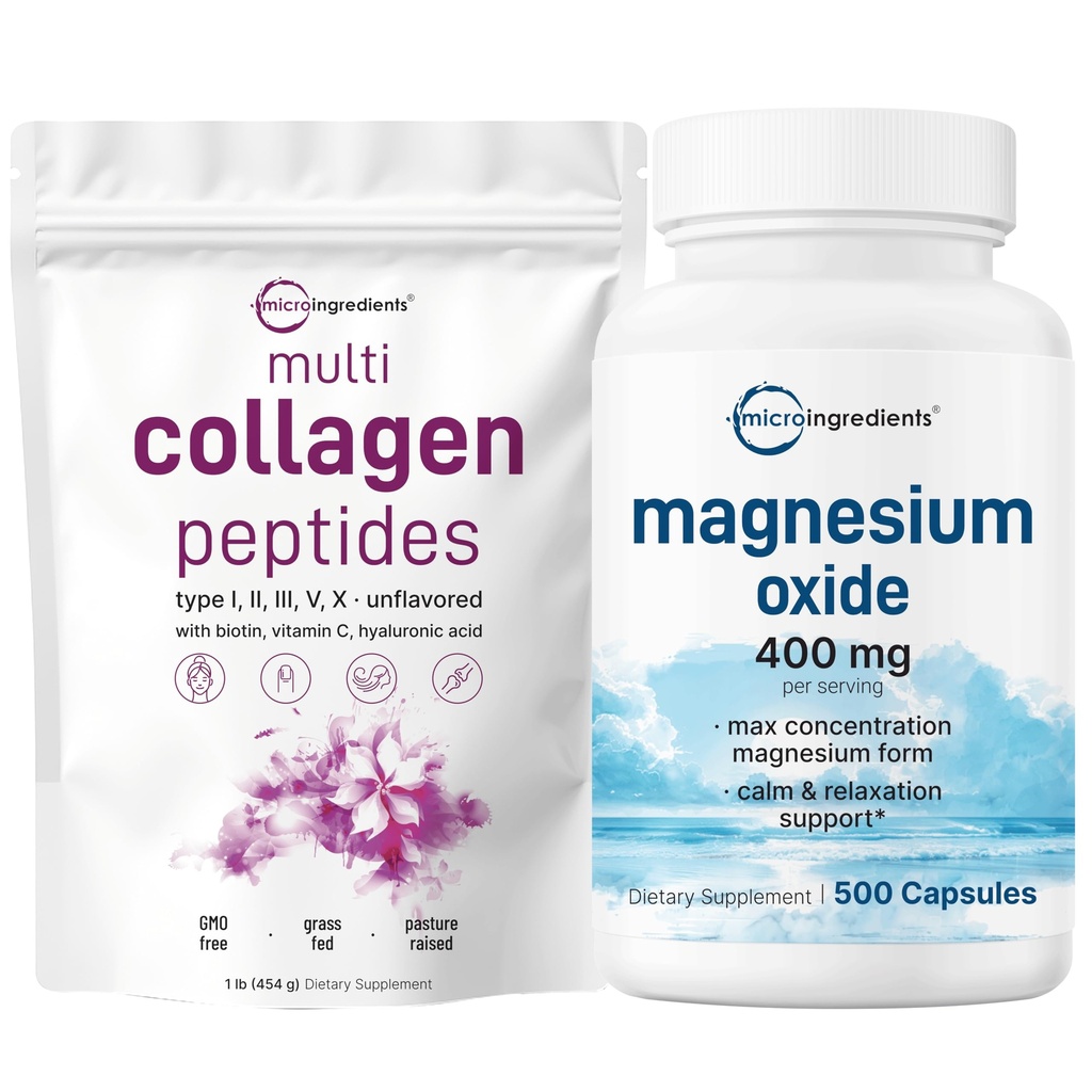 마이크로 성분 다 교원질 단백질 분말 16oz & 마그네슘 산화물 400mg 뭉치 팩 | 잔디 먹이는 교원질 펩티드 | 최대 농도를 위한 성분 모양