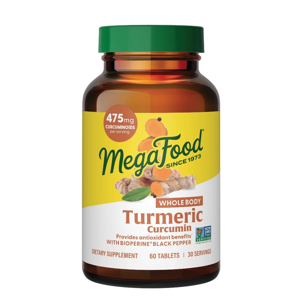 MegaFood 전체 바디 심황 Curcumin 보충 - 검은 후추 및 비타민 C와 심황 보충 - 서빙 당 475 mg Curcuminoids - 산화 방지제 및 면역 지원 - Vegan - 60 정제, 30 서빙