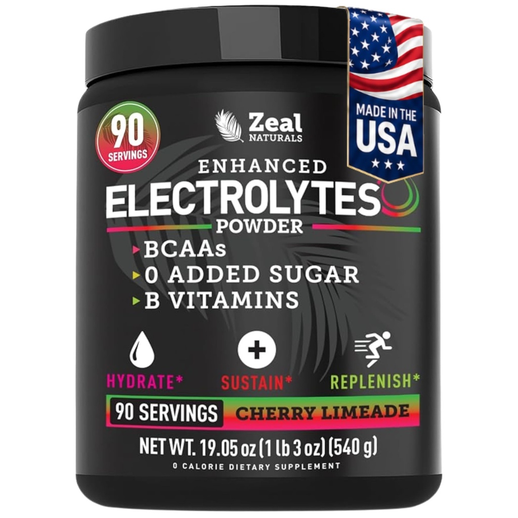Zeal Naturals Electrolyte Powder Recovery 음료 (90 인분 | 체리 라임드) w 0 Sugar +BCAAs +B-Vitamins Electrolyte Supplement w 칼륨 아연 및 마그네슘 하이드로 션 - Keto Electrolytes