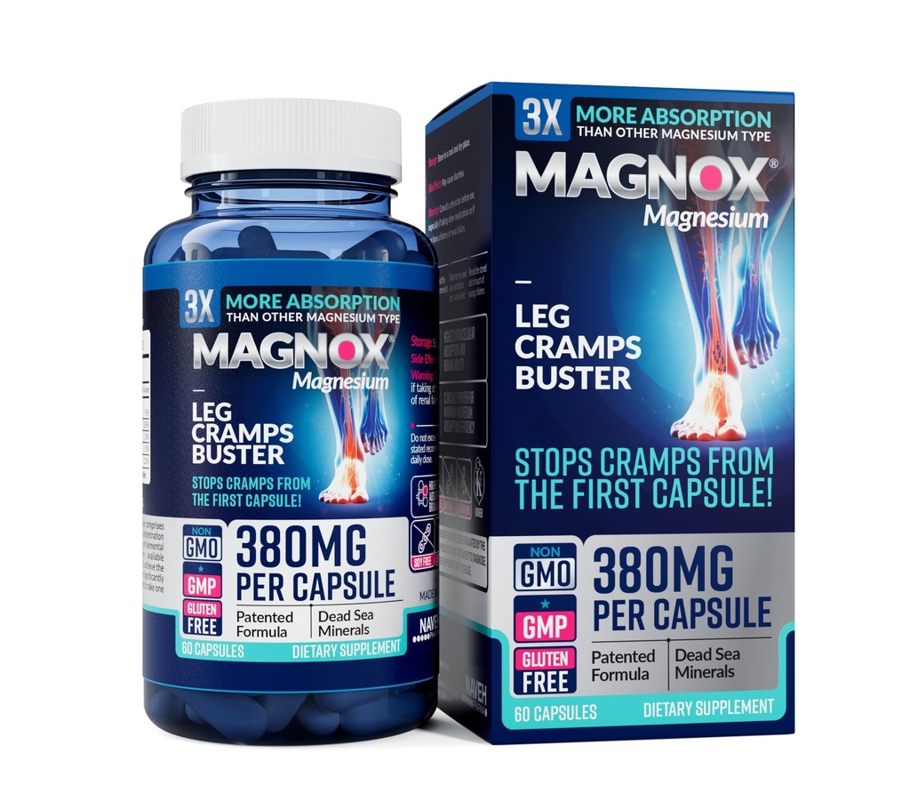 MAGNOX® Leg Cramps Buster | 380mg Magnesium for Leg Cramps at Night | 근육에 대한 마그네슘 보충 | 3X 더 흡수 | 데드 시 광물 | 수면 및 근육 | 60 캡