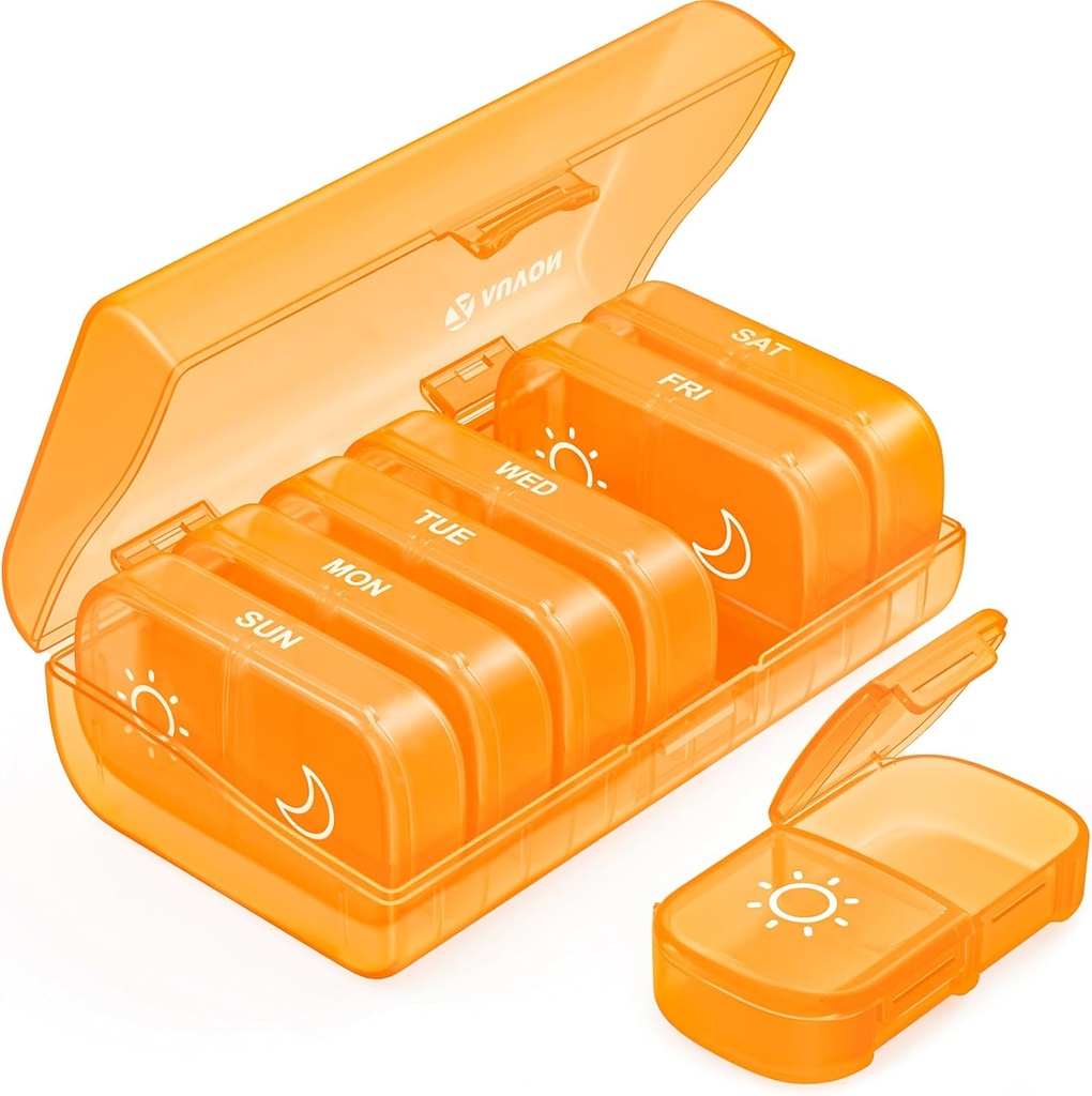 AUVON XL Weekly Pill 주최자 2 시간, AM PM Pill Case with One-Side Large 오프닝 for Easy to Use, Pill Box 7 Day Travel Medications, Vitamins, Fish Oils, 보충제