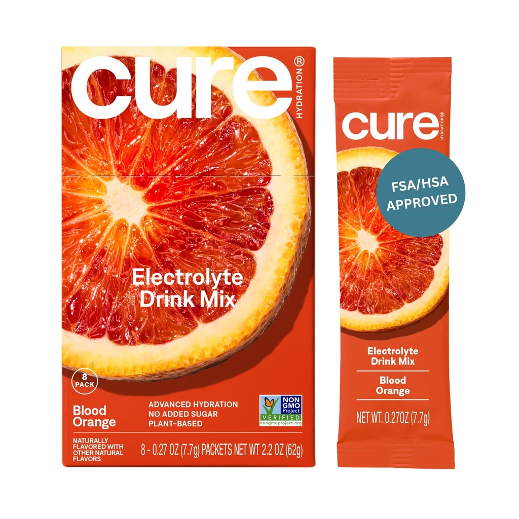 Cure Hydration | 식물 기반 전해질 음료 믹스 | 추가 설탕 없음 | 코코넛 워터로 만든 탈수 릴리프 파우더 | 비 GMO | Vegan | 8 Packets - Blood Orange