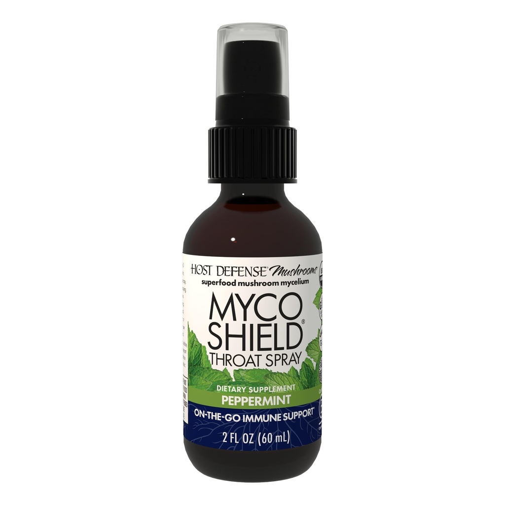 Host Defense MycoShield Throat Spray - 면역 건강 지원 - Chaga, Reishi, Turkey Tail & More - On-The-Go Immune Support - Peppermint, 2 fl oz (142 서빙) *가있는 규정 식 버섯 보충
