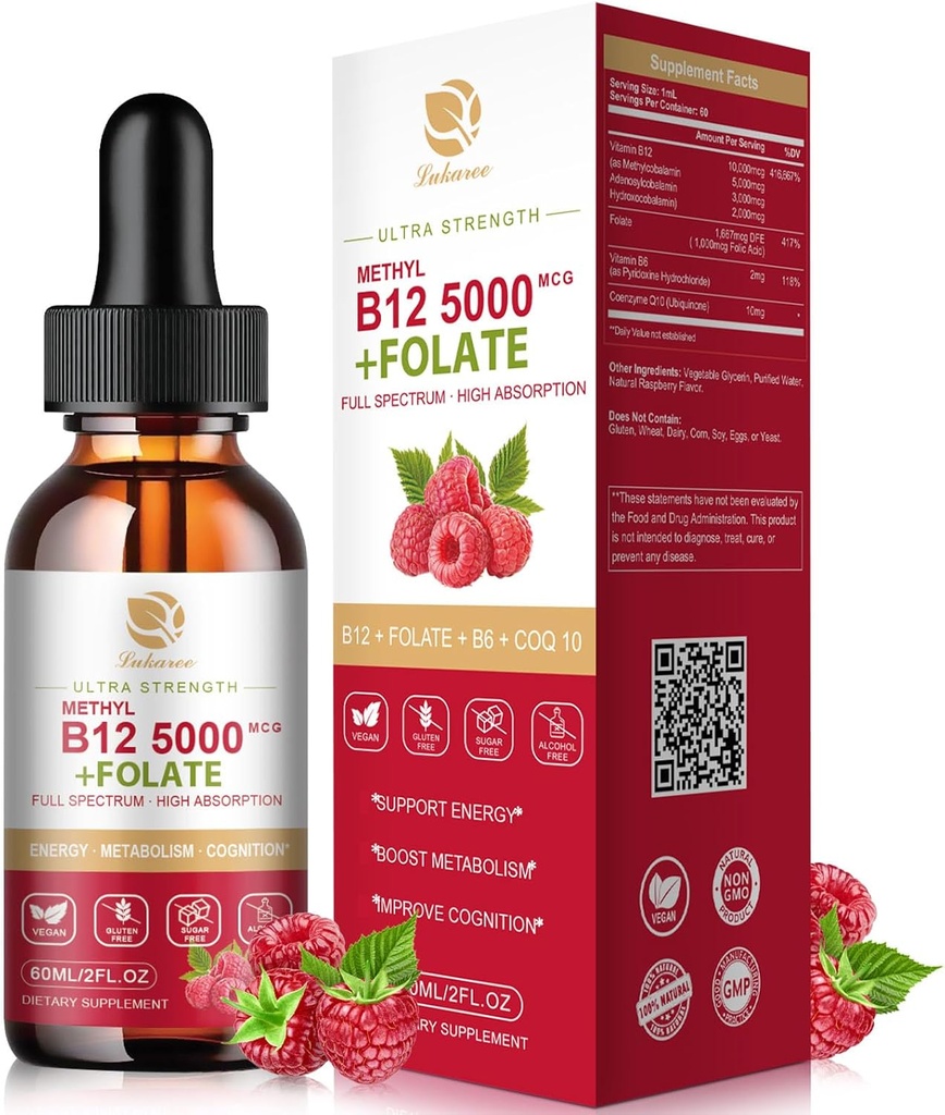 Lukaree 비타민 B12 잠수함 Vegan B12 비타민 액체 가득 차있는 스펙트럼 Methylcobalamin, Adenosyl & Hydroxy B12, 에너지, 초점, 계류 & 면역 지원 2 달 공급을 위한, 2개의 fl oz