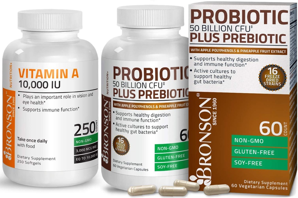 Bronson Probiotic 50 억 CFU + Apple Polyphenols & Pineapple 과일 추출물 + 비타민 A 10,000 IU 프리미엄 비 GMO 공식을 가진 Prebiotic